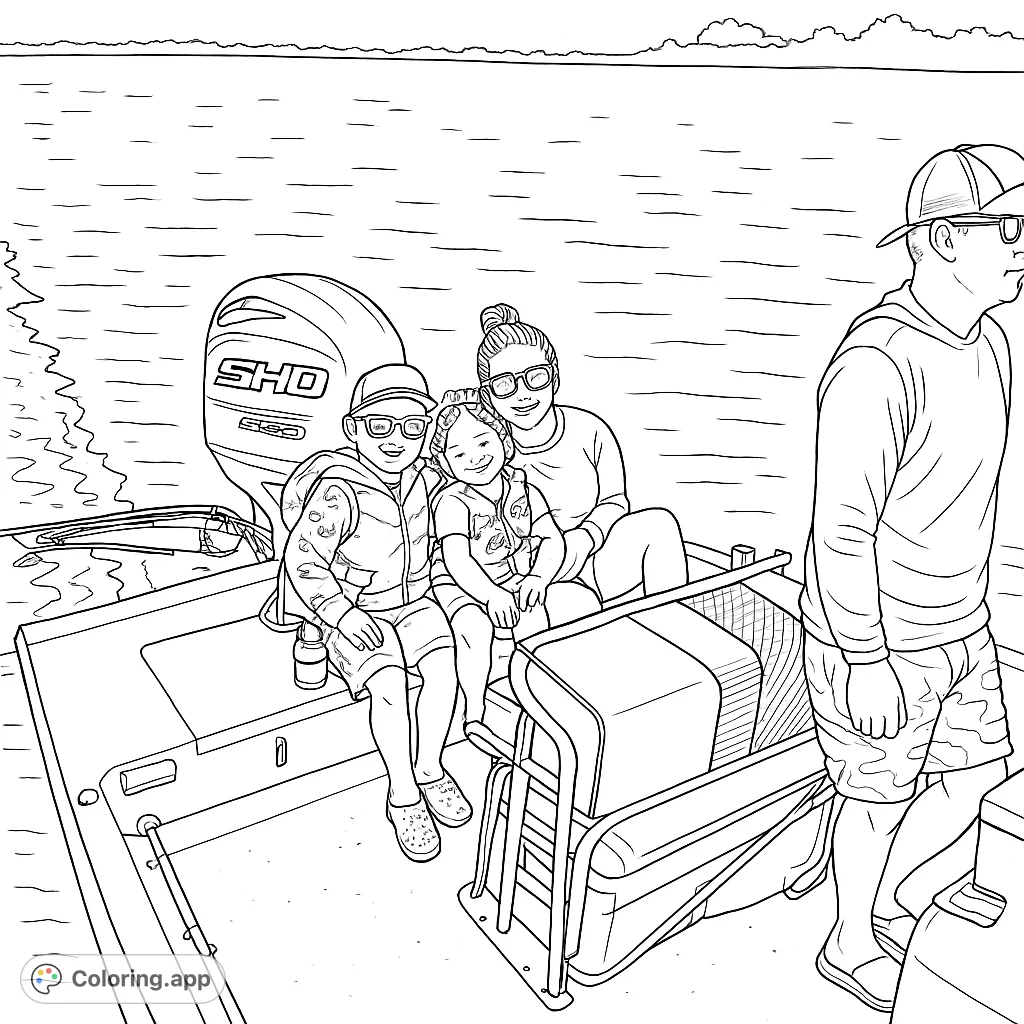 A delightful family boat trip scene! Three smiling passengers relax in the boat while the captain steers.