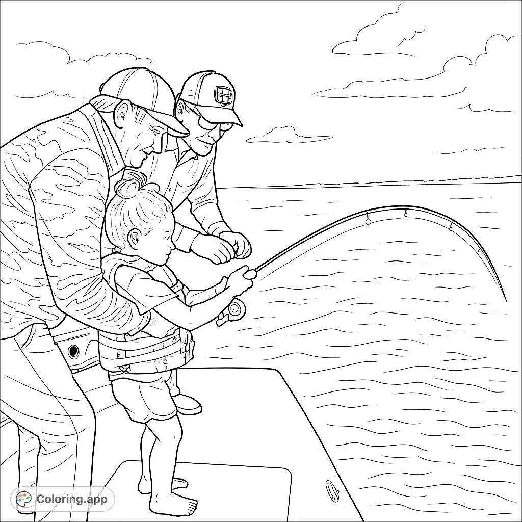 Capture the joy of a family fishing trip with a child and two adults on a boat. Features serene water, a bending fishing rod, and detailed figures.