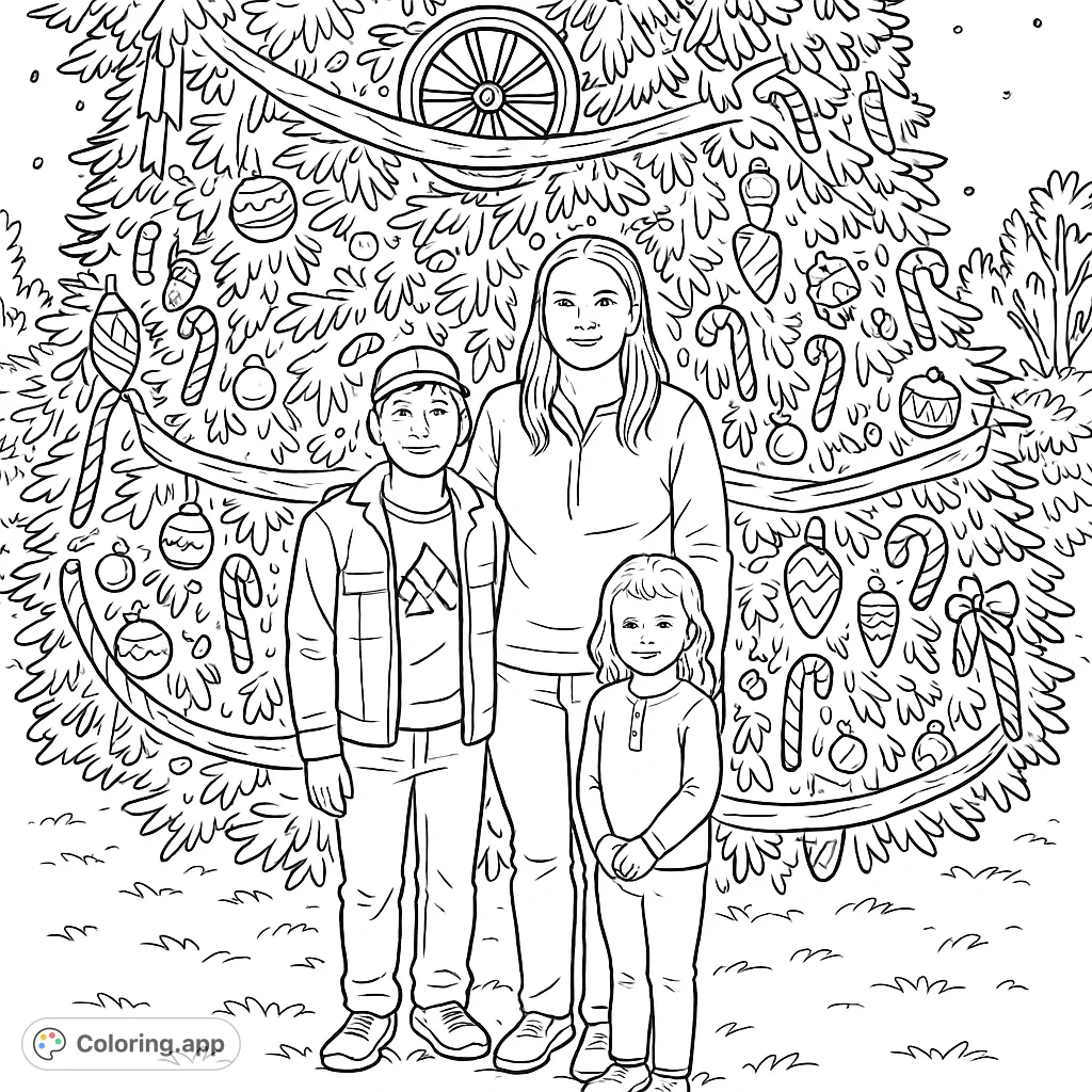 A festive family stands before a grand, decorated holiday tree, adorned with lights, ribbons, and ornaments, creating a heartwarming scene perfect for coloring.