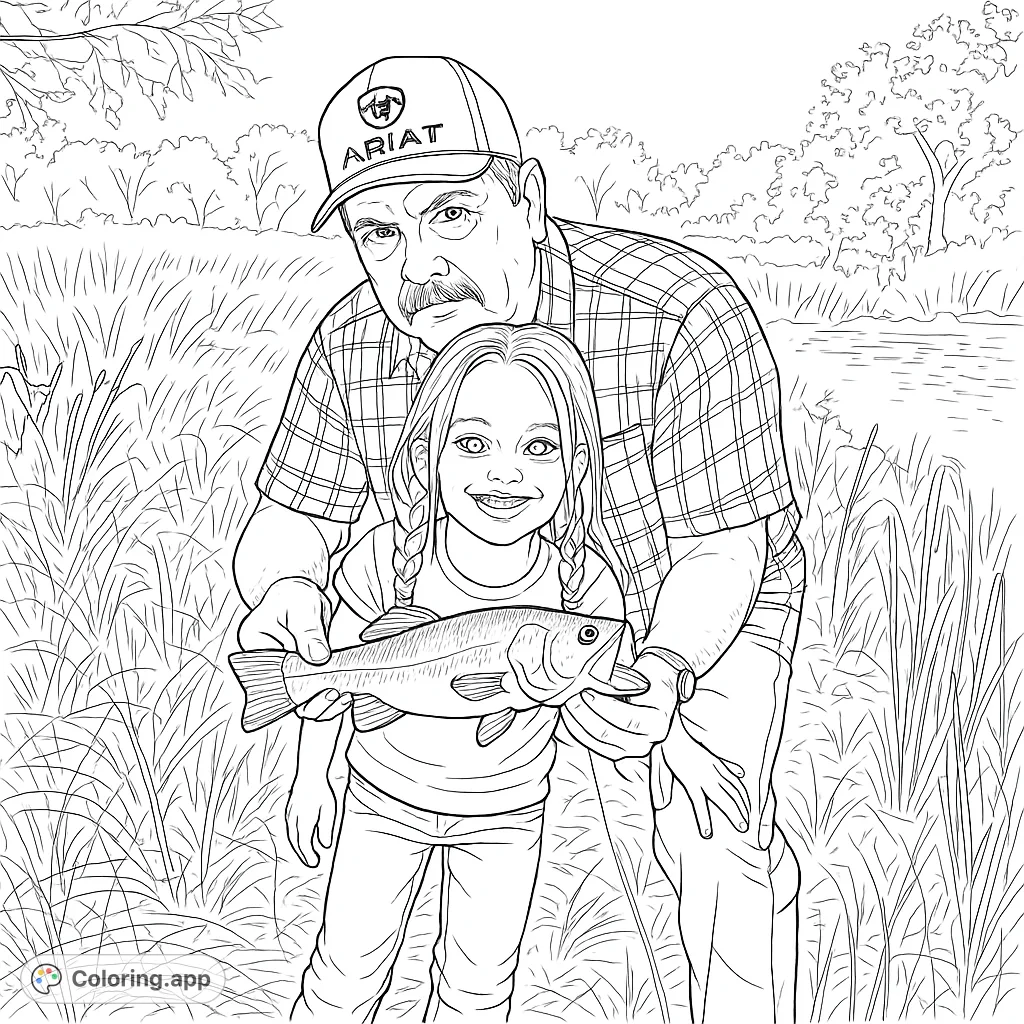 A heartwarming fishing coloring page featuring a proud man and girl with their impressive catch in a rustic outdoor setting, filled with details.