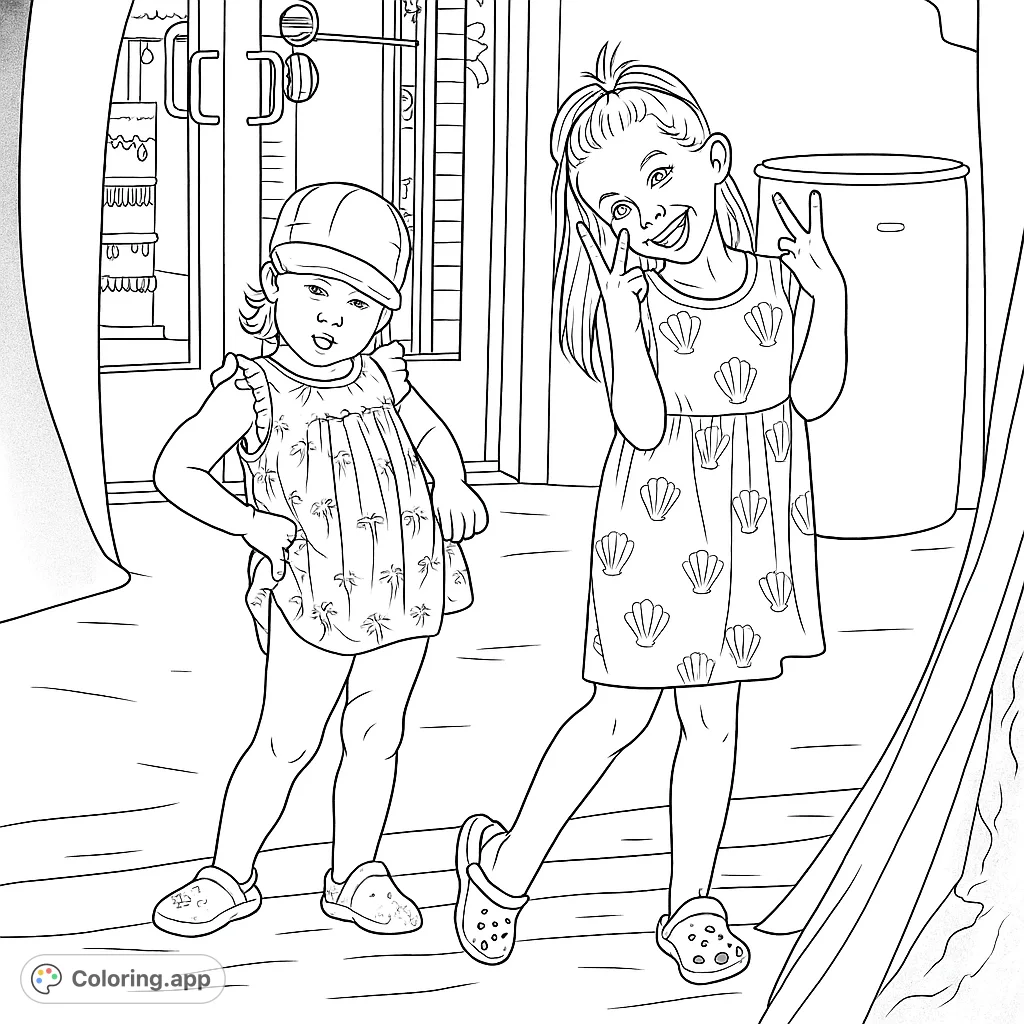Two happy girls strike playful poses, one with a cap and palm tree pattern, the other with shell patterns, against a textured background.