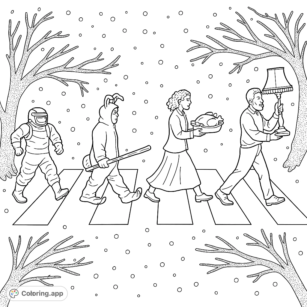 Celebrate beloved holiday films with this fun coloring page featuring iconic characters crossing a snowy street. Perfect for fans of classic seasonal stories!