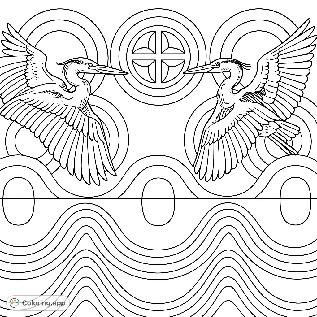 Symmetrical birds face a radiant emblem, surrounded by flowing waves and geometric patterns. A captivating design blending nature and abstract art.