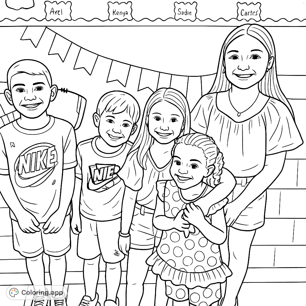 Capture the joy of friendship with this happy school friends coloring page. Five children pose together, ready for creative expression.