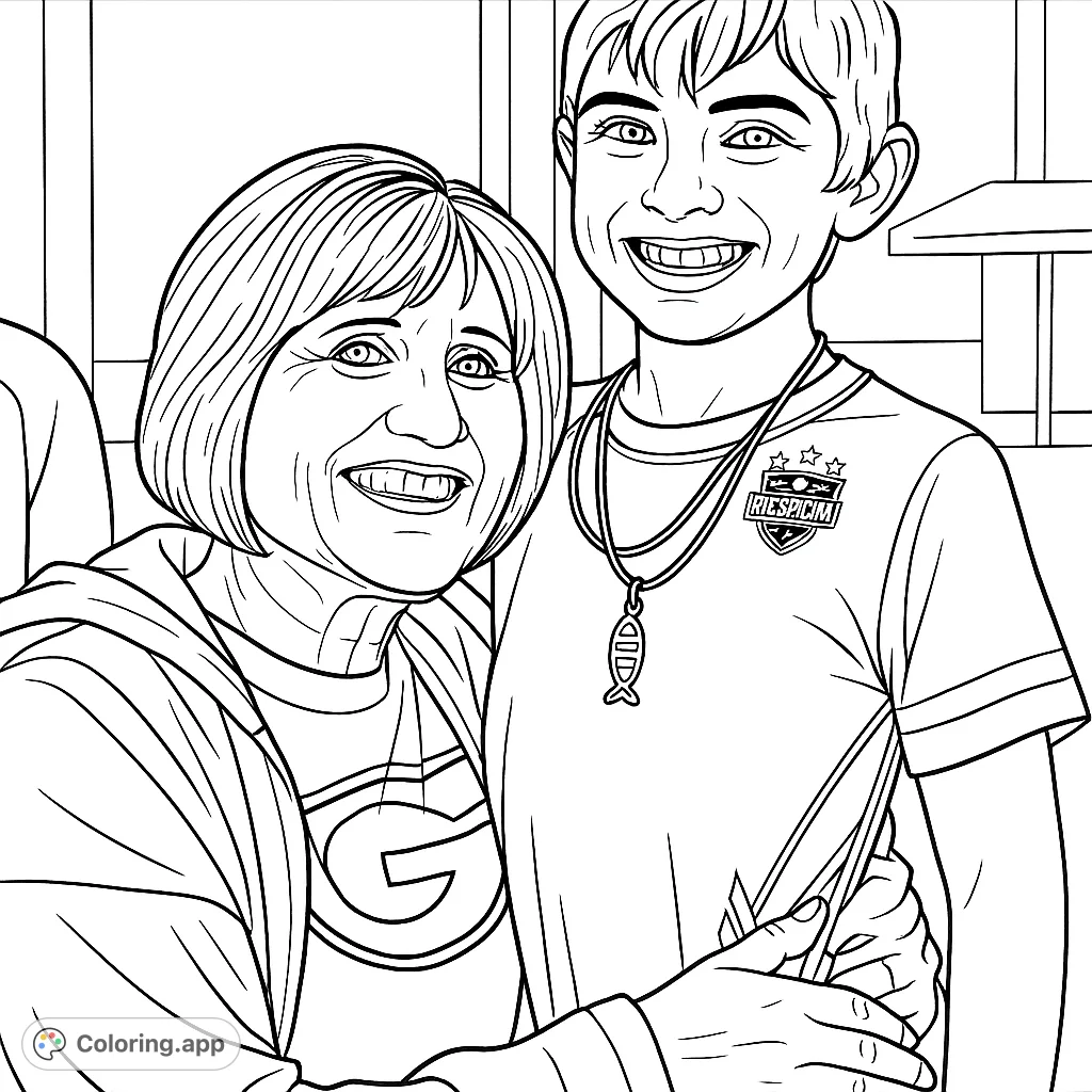 Capture the warmth of a loving embrace between an adult and a young soccer fan. This heartwarming scene offers detailed clothing and joyful expressions to color.