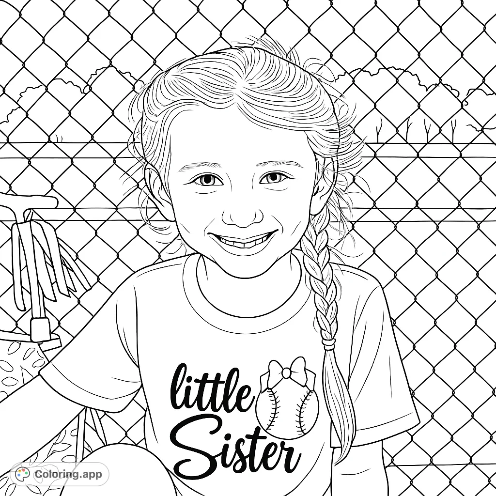 A cheerful "Little Sister" softball player smiles brightly, ready for fun on the field. This free printable is perfect for kids who love sports and siblings!