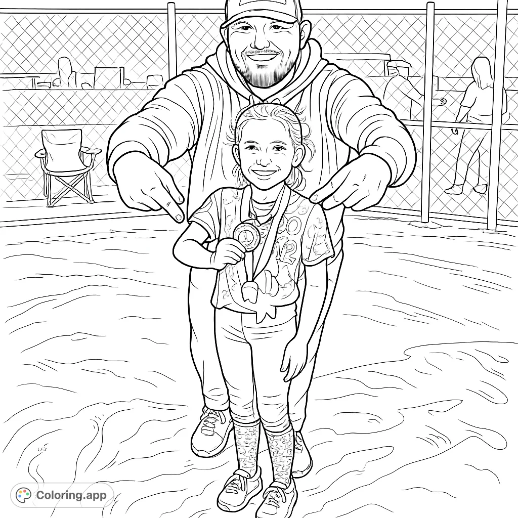 Celebrate a young softball champion with her proud supporter! This charming page features a smiling girl with her medal, receiving praise on the field.