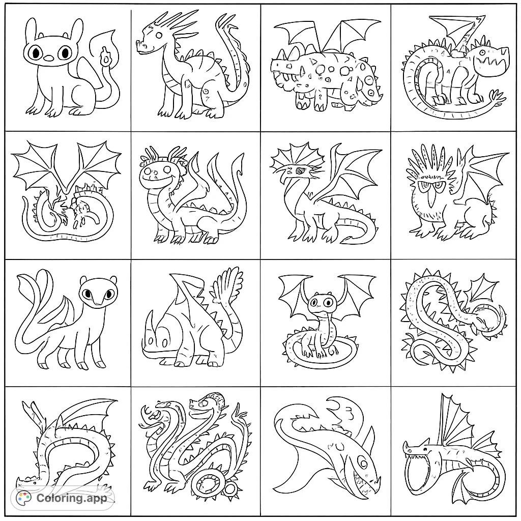 Explore a captivating grid of 16 unique dragon characters, each with distinct features and charm. Perfect for imaginative colorists of all ages.