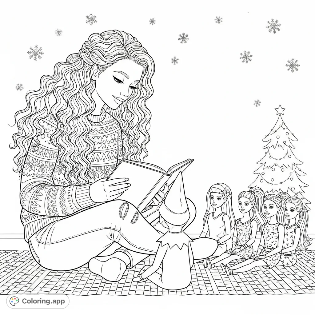 A delightful coloring page featuring a teenage girl reading a captivating story to an Elf on the Shelf and four attentive Barbie dolls in a cozy setting.