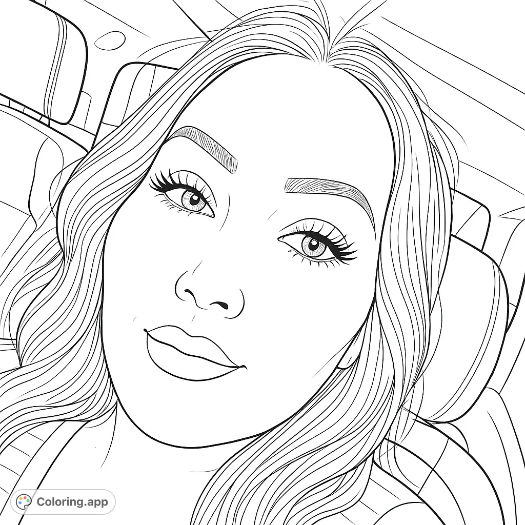 Capture the expressive features of a confident woman in this detailed portrait coloring page. Perfect for artistic exploration and mindful coloring.