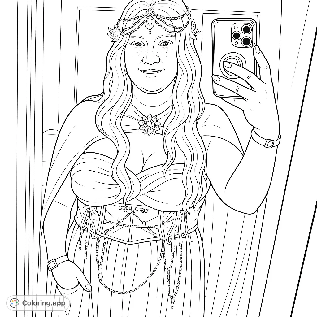 An exquisite fantasy enchantress with a detailed headpiece, flowing cape, and intricate corset, captured in a magical moment. A mystical character for imaginative coloring.