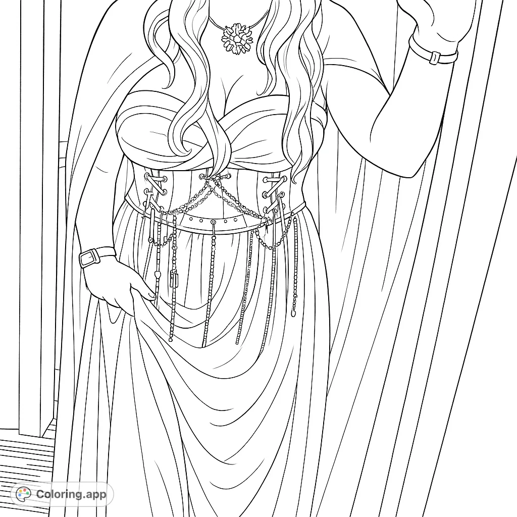 Step into a world of fantasy with this elegant figure in a flowing gown, intricate corset, and cascading chains. A magical design awaiting your creative touch.