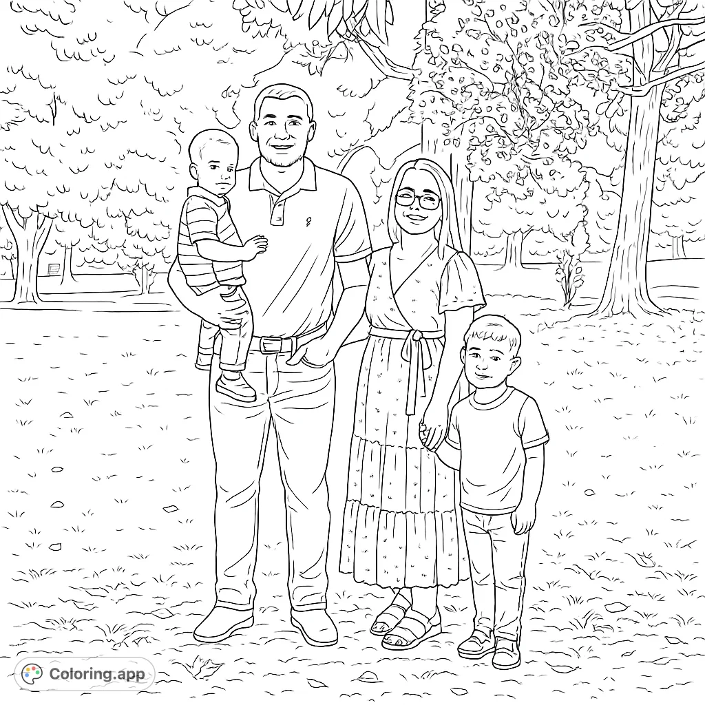 A heartwarming family portrait in a park setting, featuring two adults, a baby, and a young child. Perfect for celebrating family bonds.