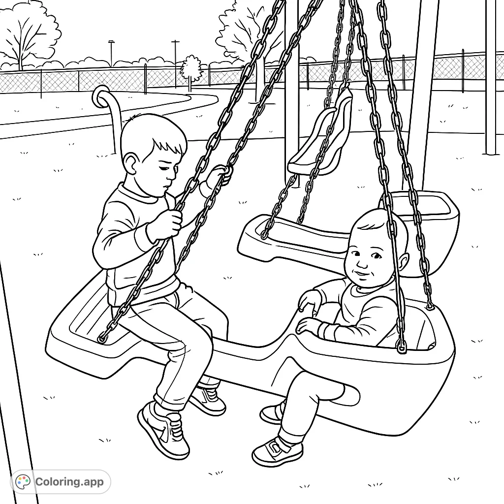 Capture the joy of childhood with two smiling children on a playground swing set. A delightful scene for creative expression and family fun.