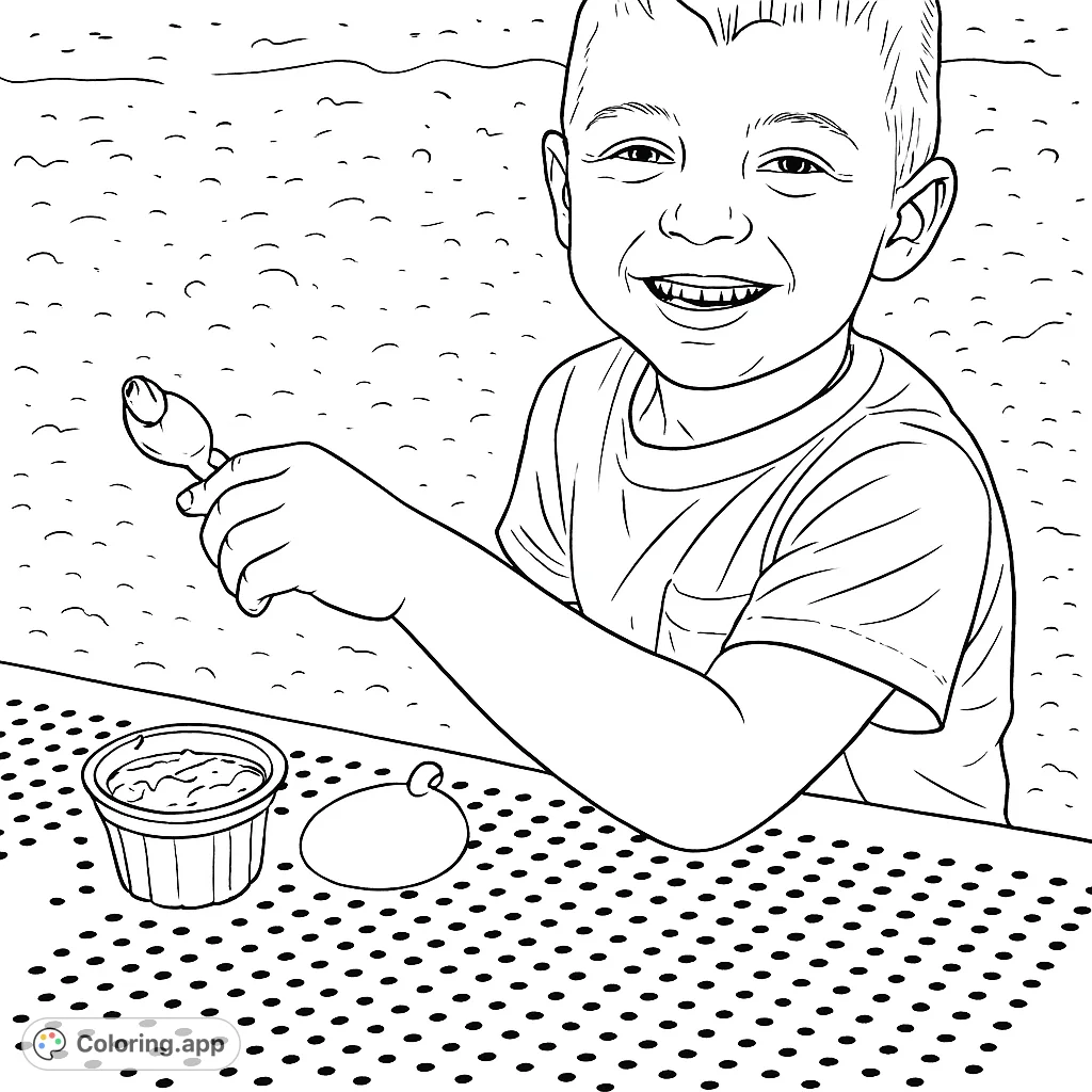 A happy young boy enjoys a delightful treat at a perforated table. This charming scene offers a wonderful opportunity to explore textures and joyful expressions.
