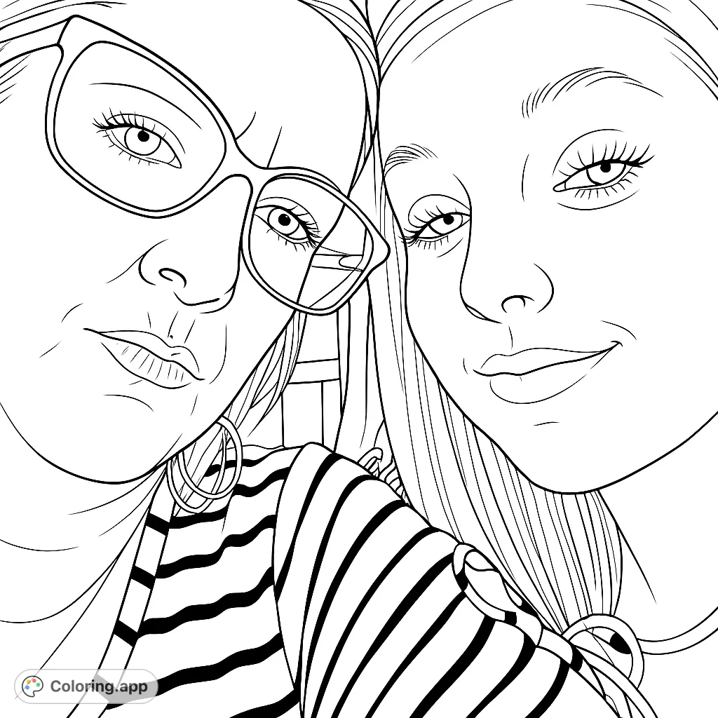 A delightful coloring page featuring two individuals in a close-up, sharing a moment, with detailed facial expressions and accessories, set against a subtle background.