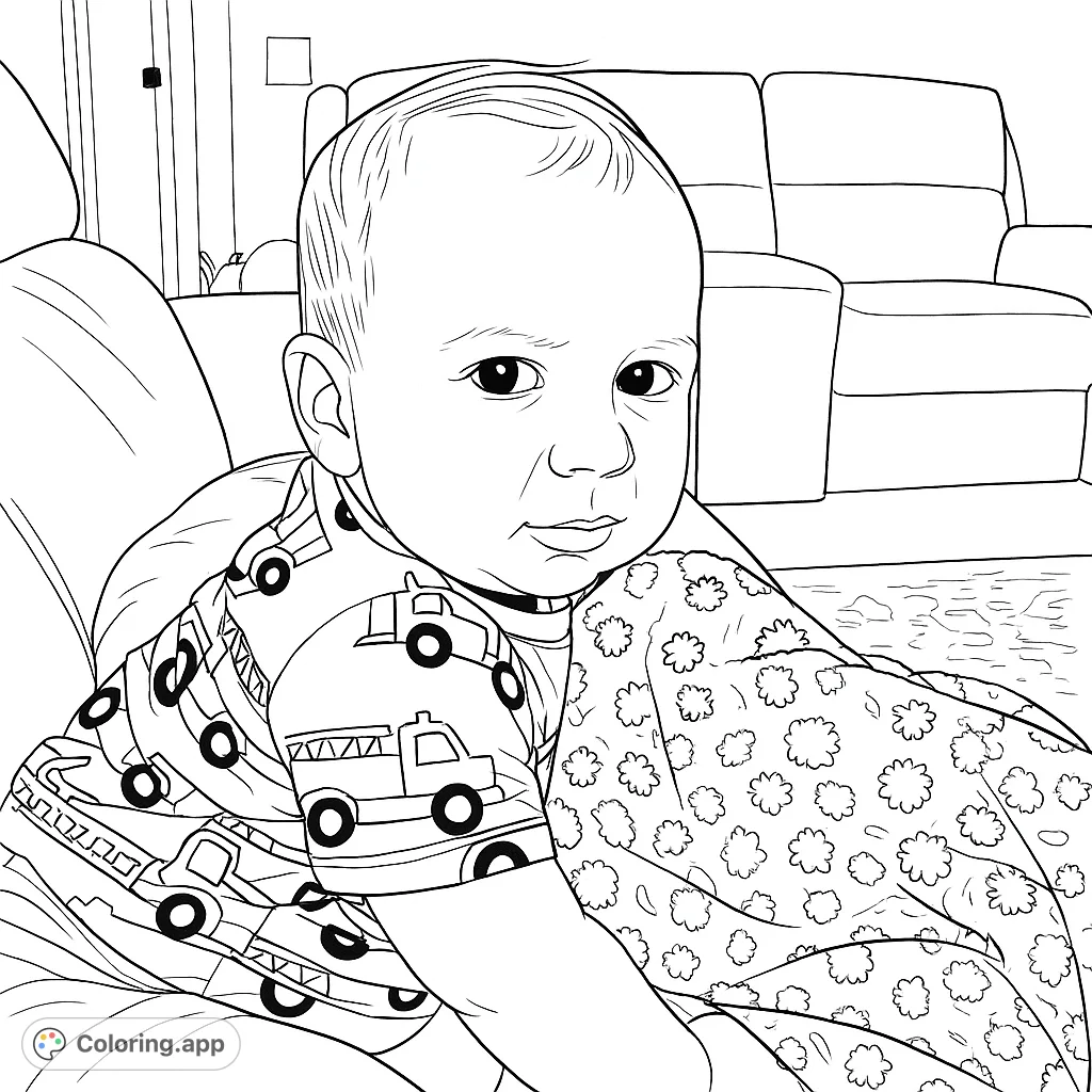 A charming baby in fire truck pajamas, nestled on a couch with a floral blanket. Perfect for a delightful and endearing coloring experience.