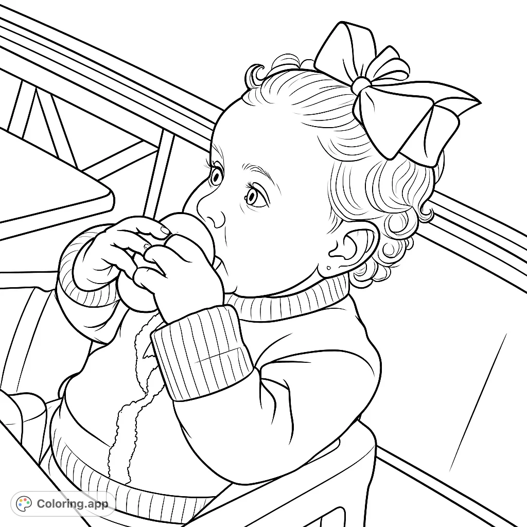 A charming coloring page featuring a curly-haired baby enjoying a snack while seated in a high chair, complete with a lovely bow. Perfect for little ones!