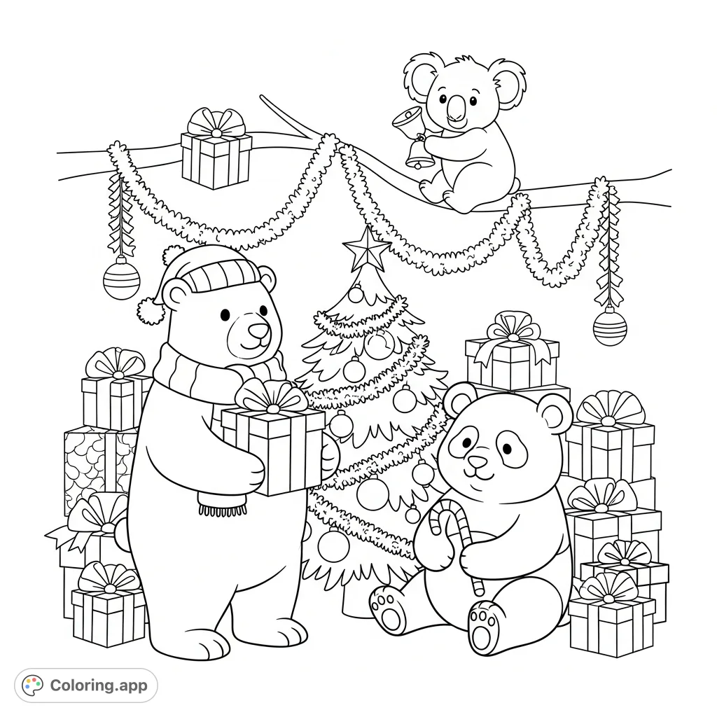 Join a polar bear, panda bear, and koala bear in a heartwarming Christmas celebration. A charming free printable coloring page for festive fun!