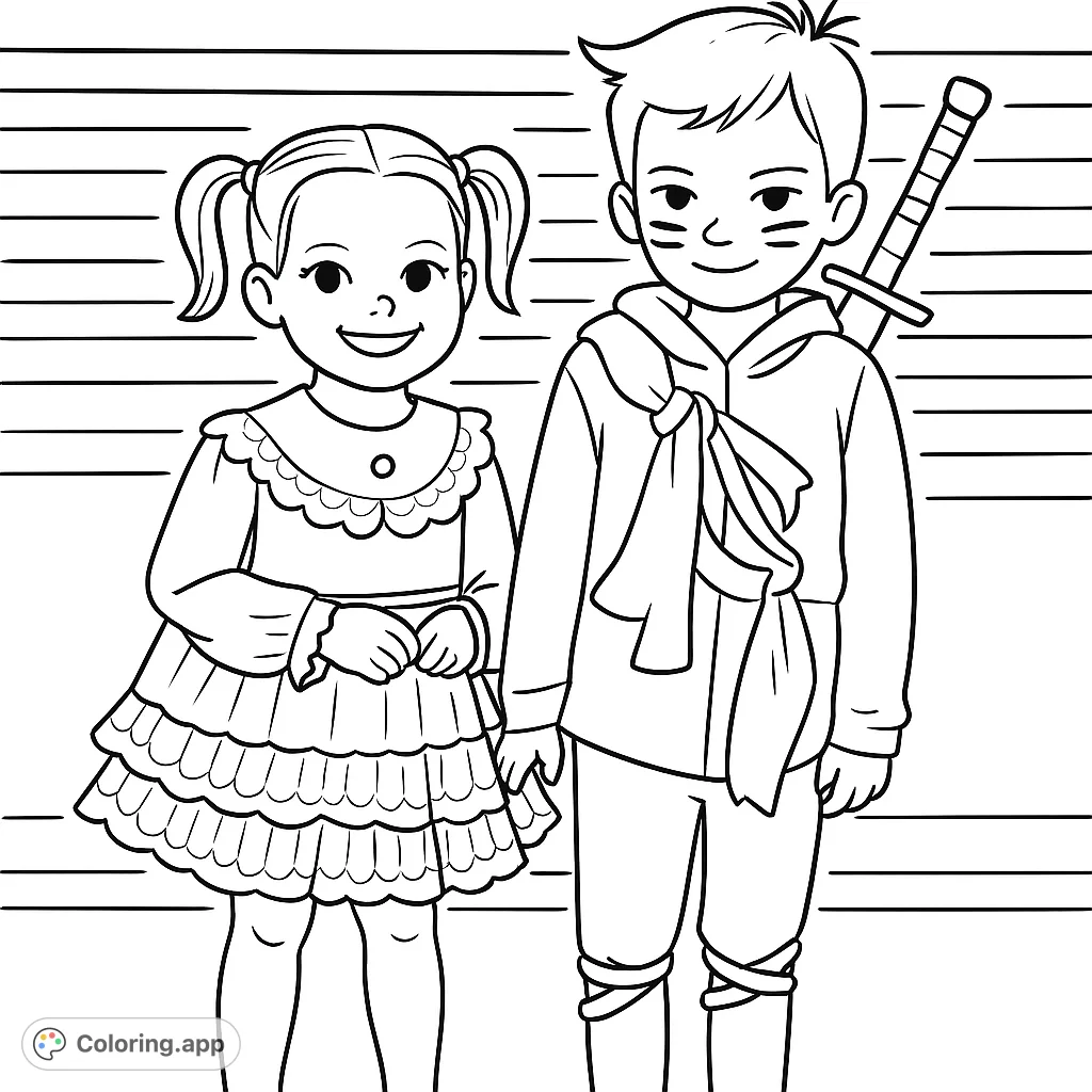 Two smiling children, a girl in a frilly dress and a boy in a ninja-like outfit, ready for imaginative play or a special event.