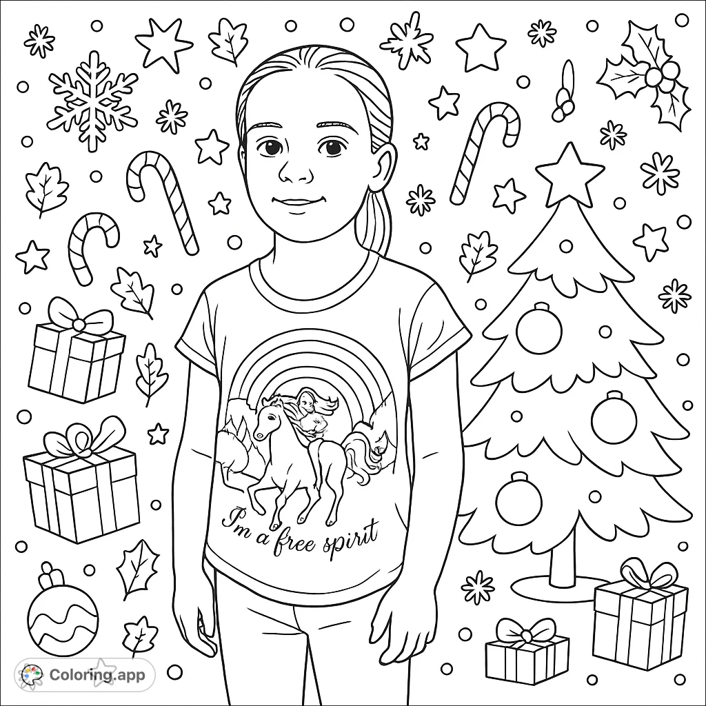 A festive Christmas classroom scene featuring a child with a 'free spirit' horse shirt amidst holiday patterns. Perfect for joyful coloring!