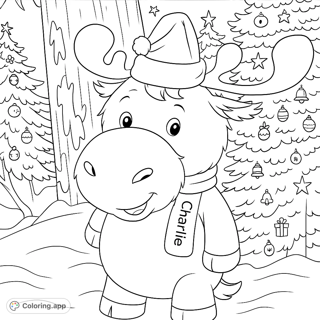 A cheerful moose in a Santa hat and scarf stands in a snowy forest with decorated evergreen trees, ready for holiday fun. Perfect for festive coloring!