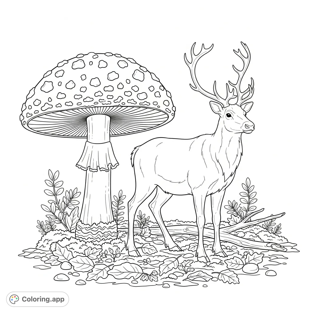 A whimsical Amanita mushroom stands alongside a majestic reindeer on a detailed forest floor, inviting colorists to bring this enchanting woodland scene to life.