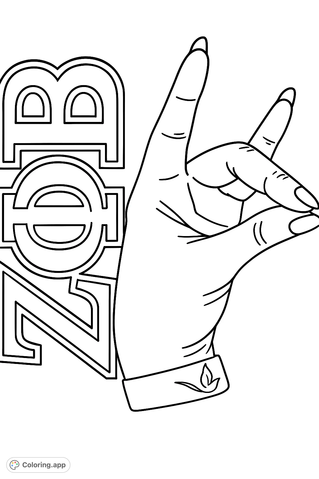 A distinct hand gesture accompanies bold, stacked letters, creating a powerful, recognizable symbol. Perfect for personal expression and creative coloring.