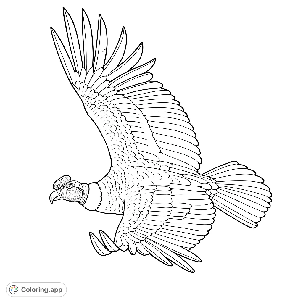 Soar with this majestic condor coloring page! Features broad wings, detailed feathers, and an expansive sky.