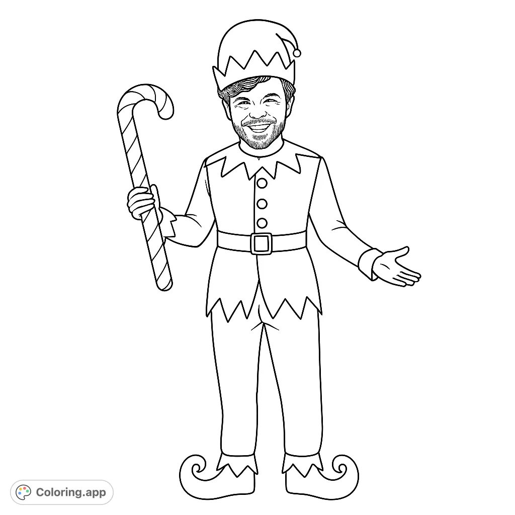 A joyful elf character in a festive costume holding a large candy cane, perfect for holiday season coloring. Great for spreading cheer and artistic expression.