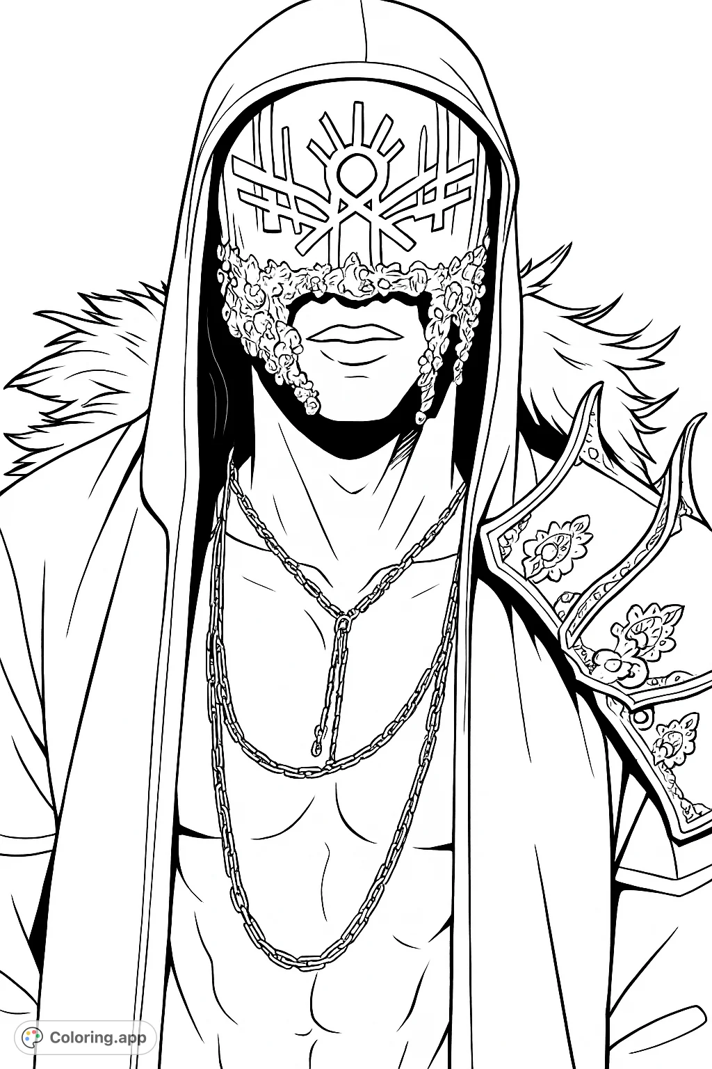 Discover a mysterious hooded figure adorned with an ornate mask, layered chains, and intricate shoulder armor. A captivating design for creative coloring.