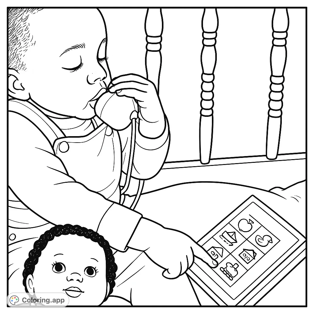 A delightful scene of a young child playing with a toy phone, holding a book, and accompanied by a doll. A heartwarming image of childhood imagination.