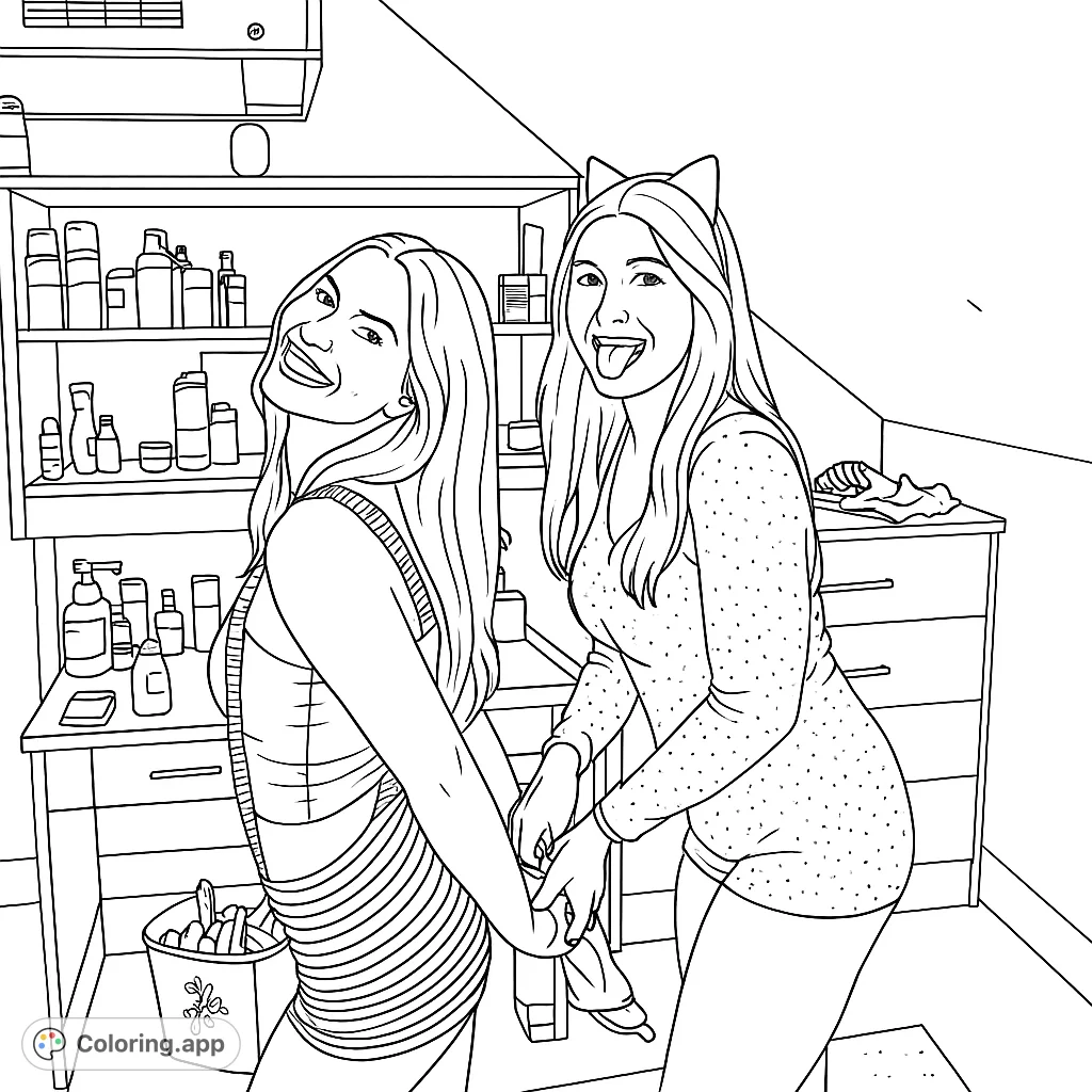 Capture the lively spirit of two friends in playful costumes, featuring a woman in stripes and suspenders and another with cat ears, smiling amidst a detailed dorm room setting.