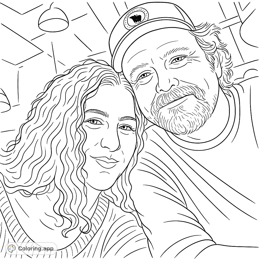 A heartwarming close-up of a couple sharing an affectionate moment. This coloring page captures their gentle expressions and textured features, inviting personalization.