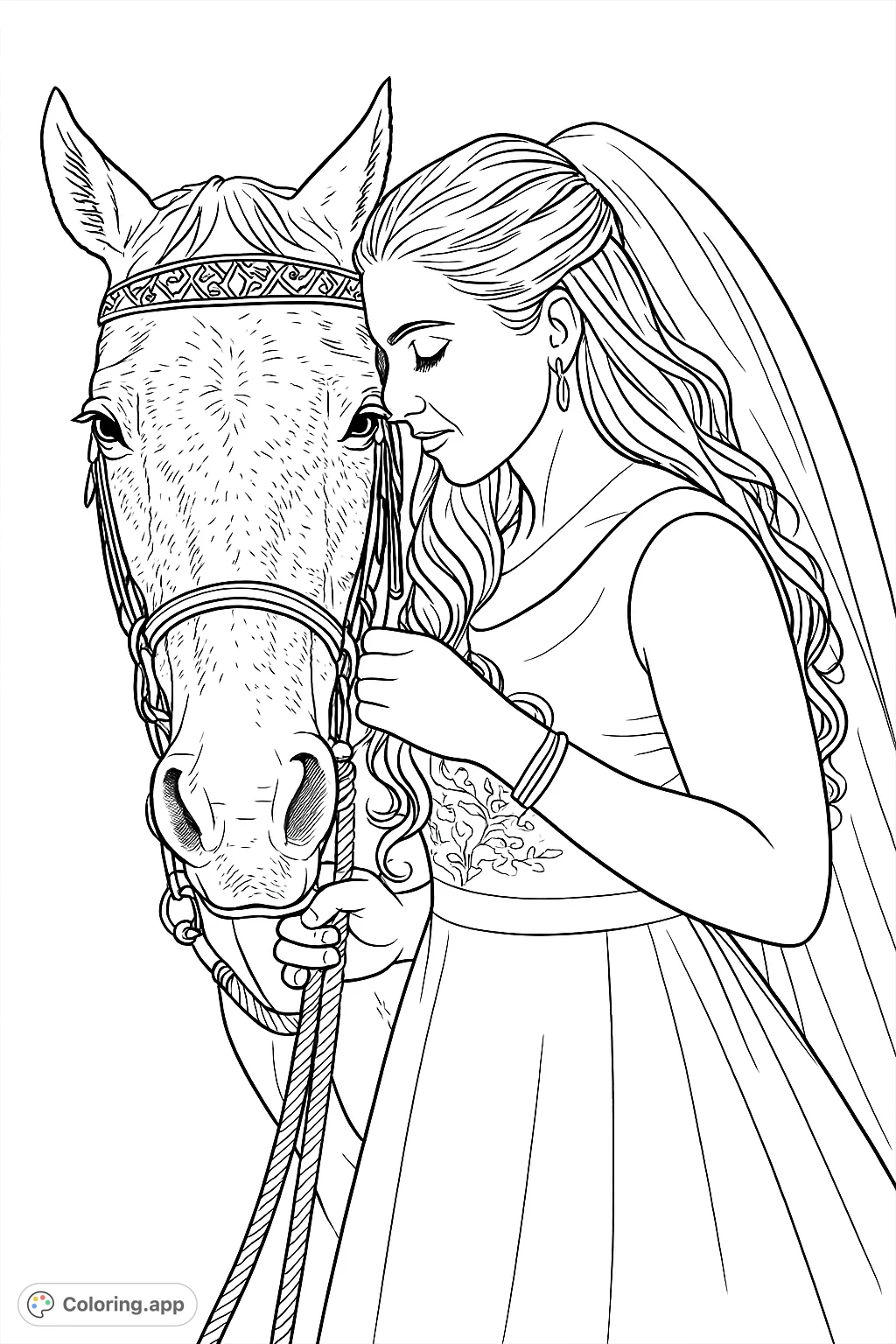 Capture a tender moment between a bride and her majestic horse. Features intricate details on the bridal gown, veil, and ornate horse bridle, set against a soft background.