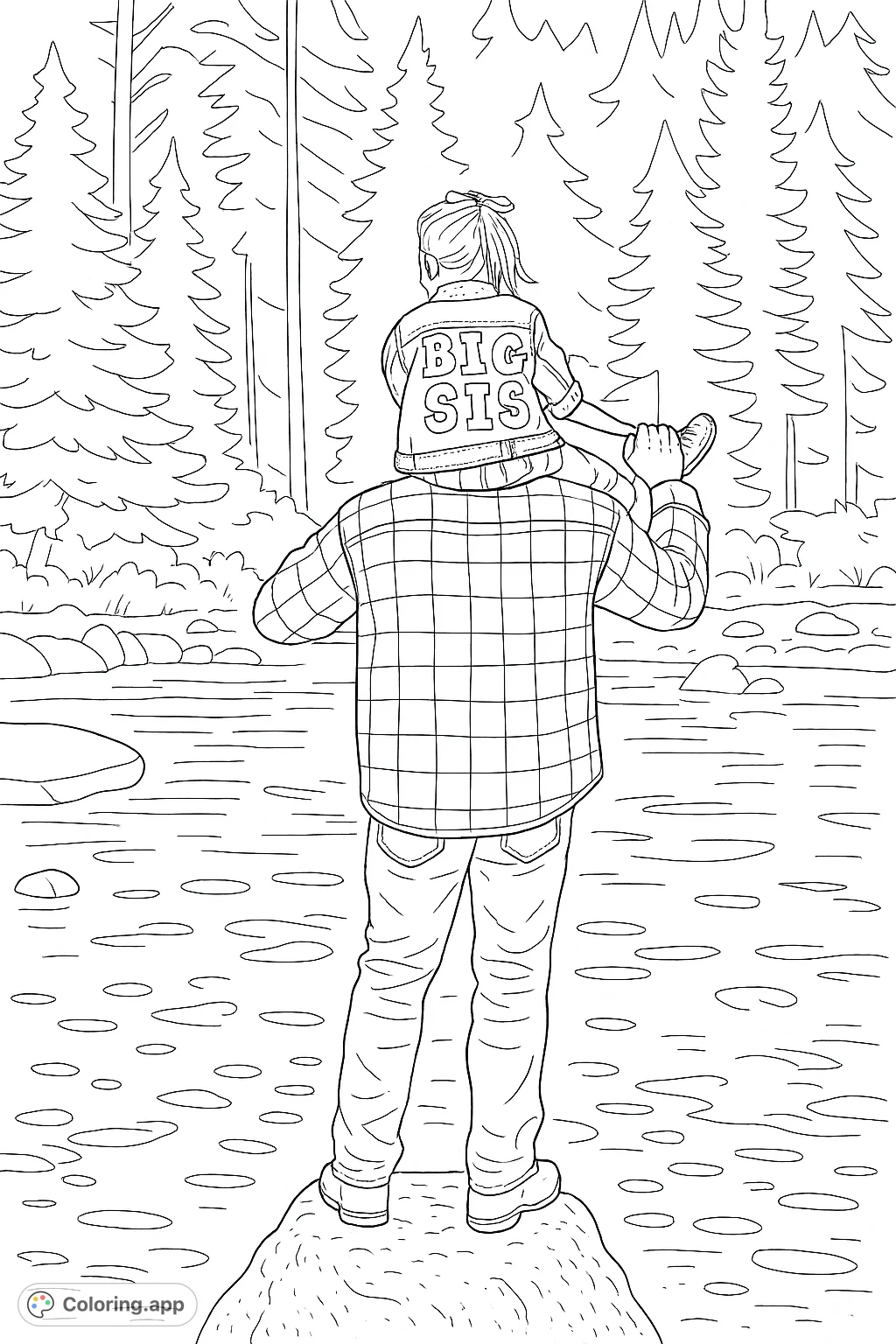 Explore the wilderness with a heartwarming father and child adventure. A 'BIG SIS' on shoulders overlooks a serene forest lake.