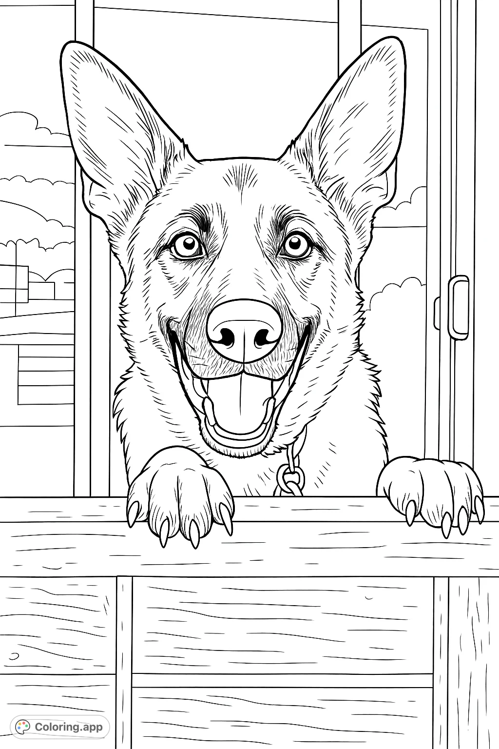 A cheerful German Shepherd peeks over a wall, offering a friendly, open-mouthed smile. A delightful canine portrait for a fun coloring experience.