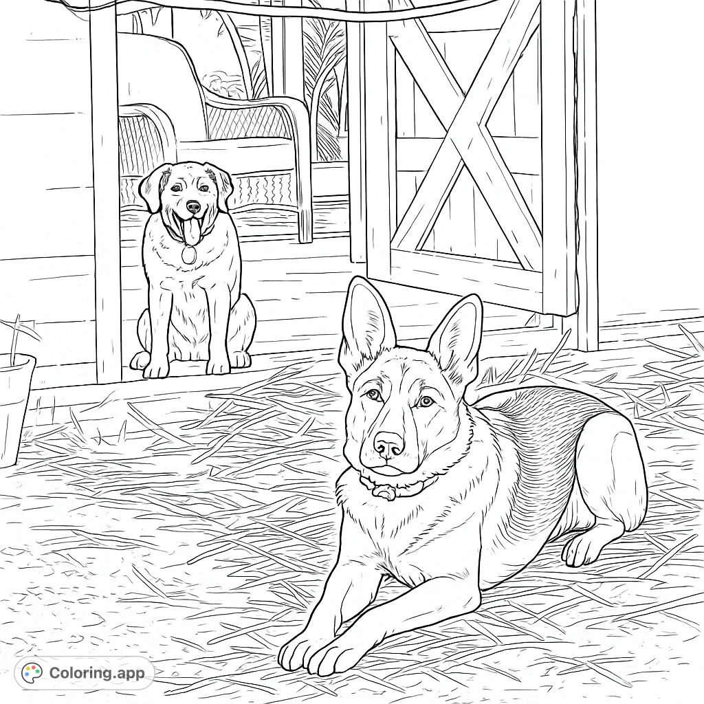 Capture the charm of two loyal canine companions relaxing near a rustic barn entrance. A delightful dogs coloring page for all animal lovers.