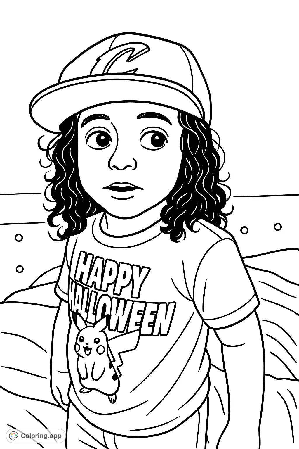 A charming coloring page features a child wearing a baseball cap and a Halloween-themed shirt with a familiar character. Perfect for seasonal fun.