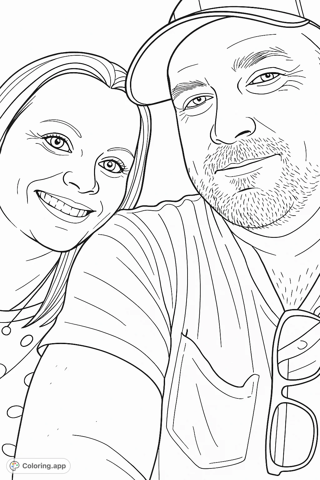Capture joy with this happy couple coloring page. Featuring a smiling man and woman in a close embrace, perfect for expressing love and connection.