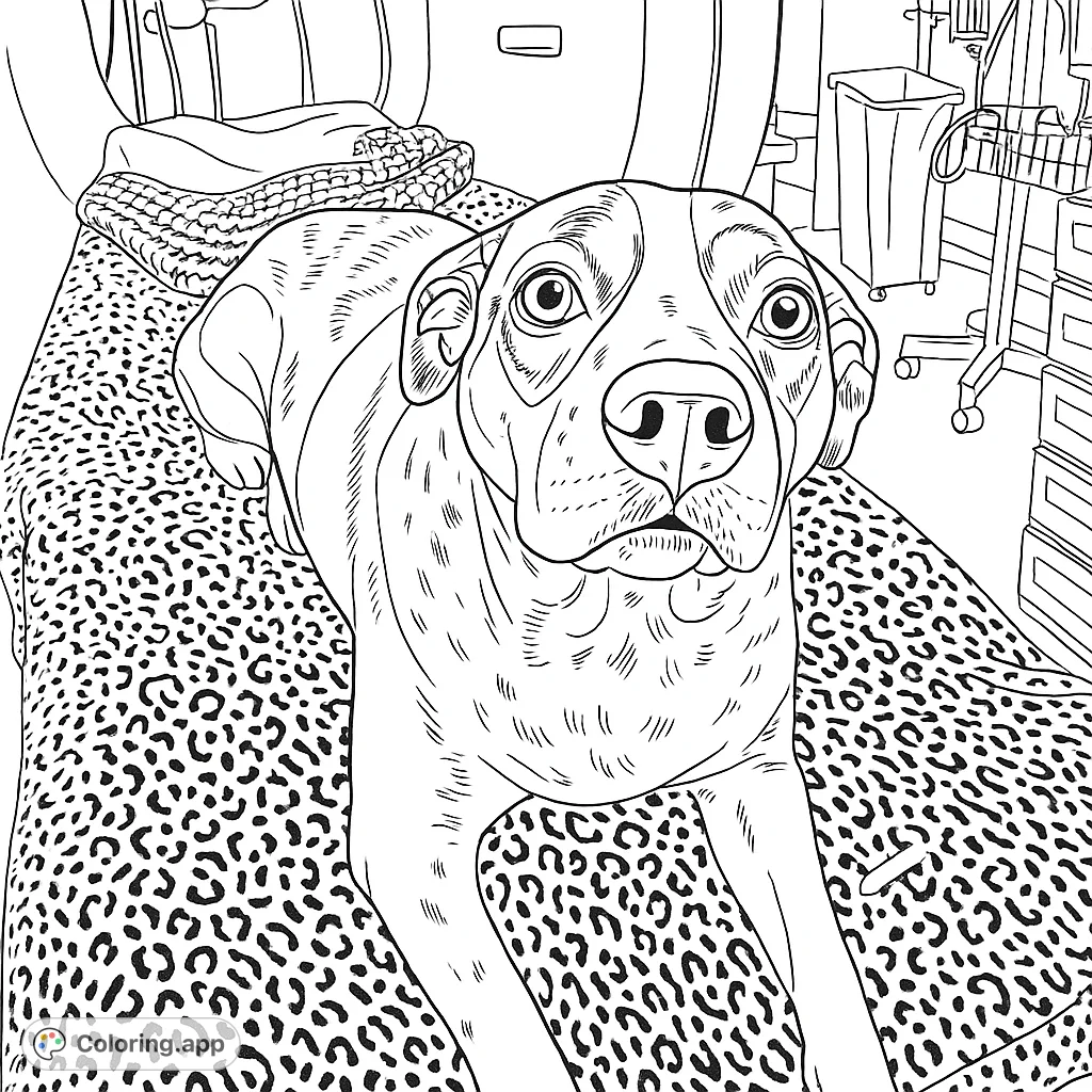 Color a charming dog with unique eyes and a distinct patterned coat resting on a spotted blanket in a clinical setting. A detailed and engaging pet coloring page.