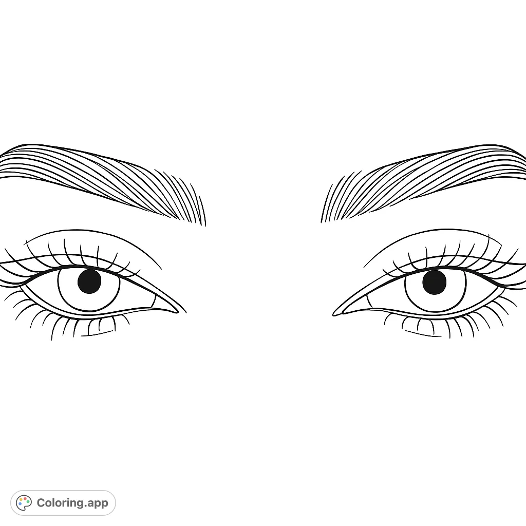 Capture expressive beauty with this detailed eyes coloring page. Featuring stylized lashes, defined brows, and captivating pupils, perfect for makeup art enthusiasts.