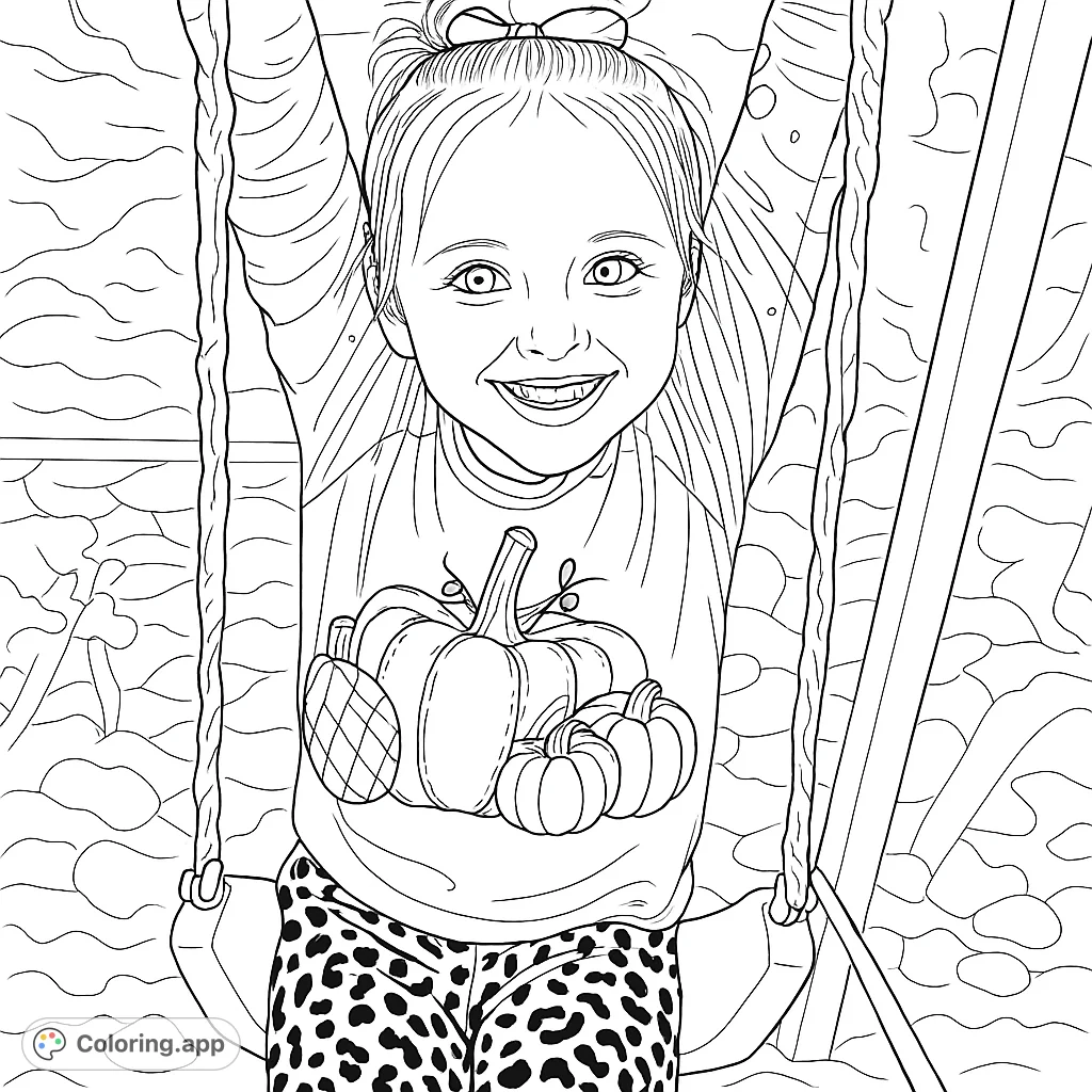 Capture the joy of a smiling child on a swing, adorned in a festive pumpkin-themed shirt. Perfect for autumn and playful moments.