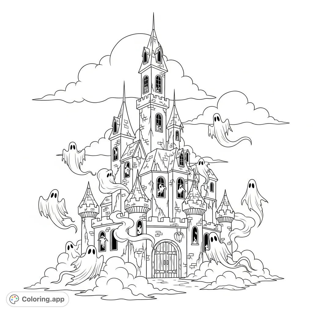 Explore a mysterious haunted castle shrouded in spooky fog with ethereal ghosts, offering a captivating fantasy ghost castle coloring page experience.