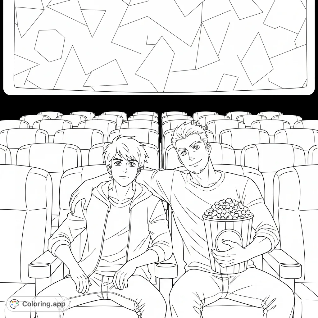 Join Jason Todd and Gar Logan for a cinematic date! A fun, detailed superhero coloring page featuring the duo at the movies, perfect for fans to customize.