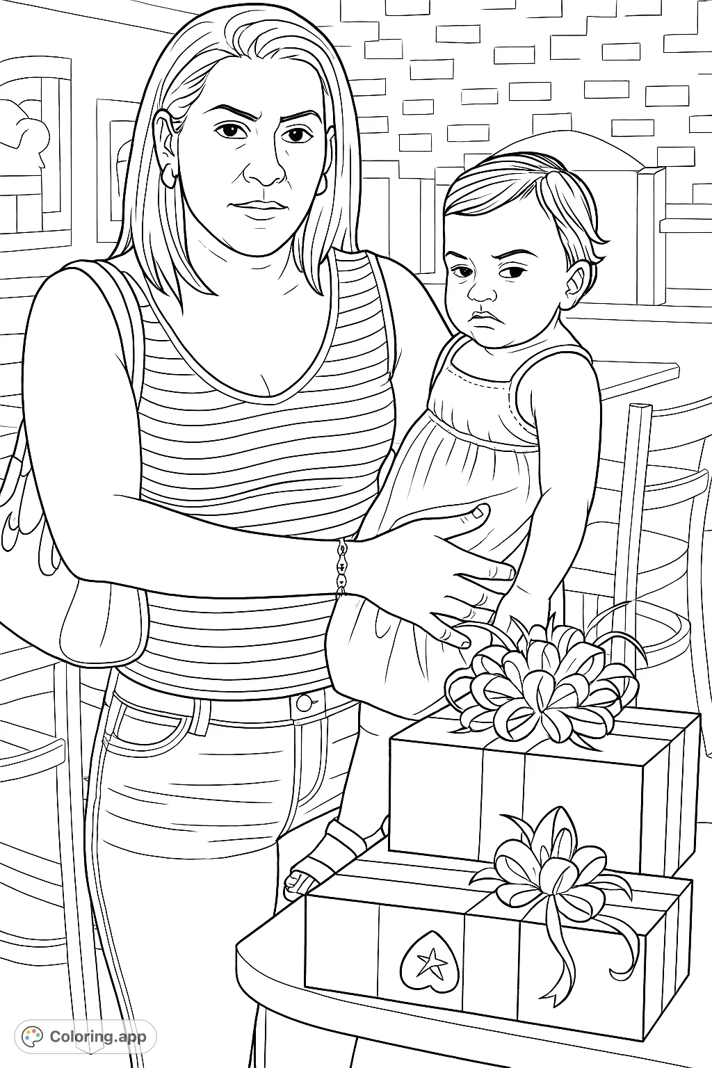 A heartwarming mother and child moment featuring a woman holding a baby with wrapped gifts nearby. Perfect for celebrating family bonds and special occasions.