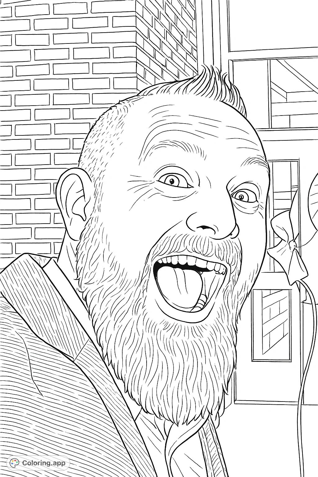 Capture a man's expressive, open-mouthed smile, featuring a detailed beard, spiky hair, and a striped jacket. A free printable portrait coloring page.