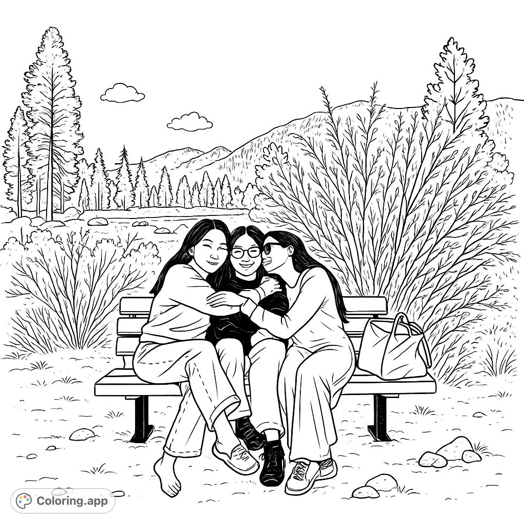 Three friends share a peaceful moment on a bench, surrounded by majestic snow-capped mountains and lush forests under a vast sky, perfect for nature enthusiasts.