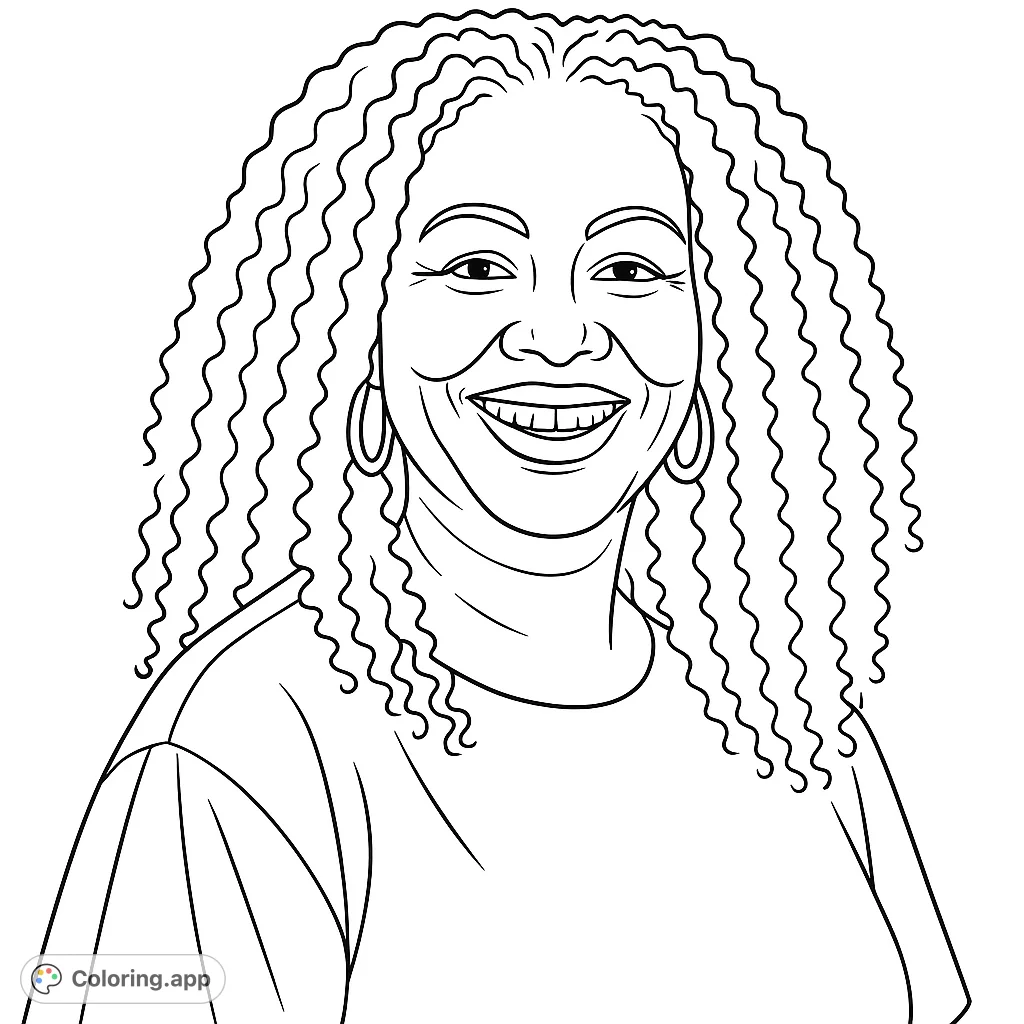 Capture the joy of a smiling woman with voluminous curly hair and stylish pleated-sleeve top. A realistic portrait perfect for expressive coloring.