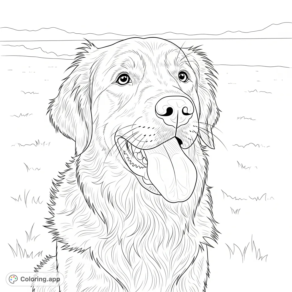 Capture the joyful spirit of a happy adult golden retriever with its tongue out. A delightful free printable dog coloring page for kids and adults.